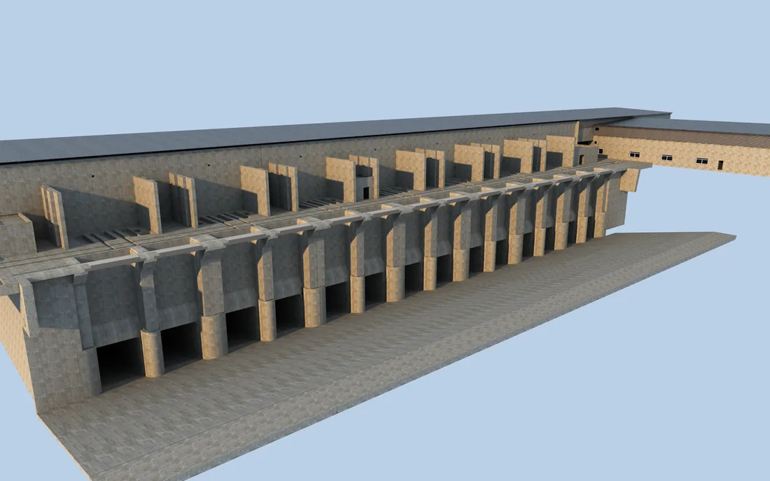 Maquette 3D — usine, structure béton à contreforts