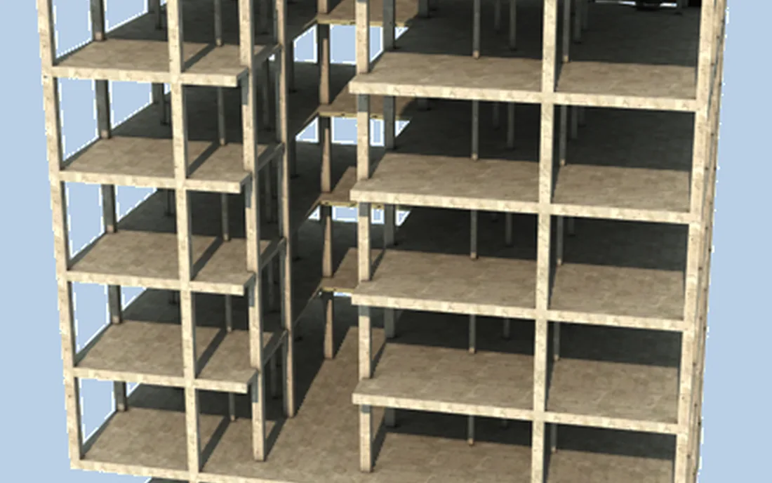 Maquette 3D — ossature béton d'un immeuble R+5